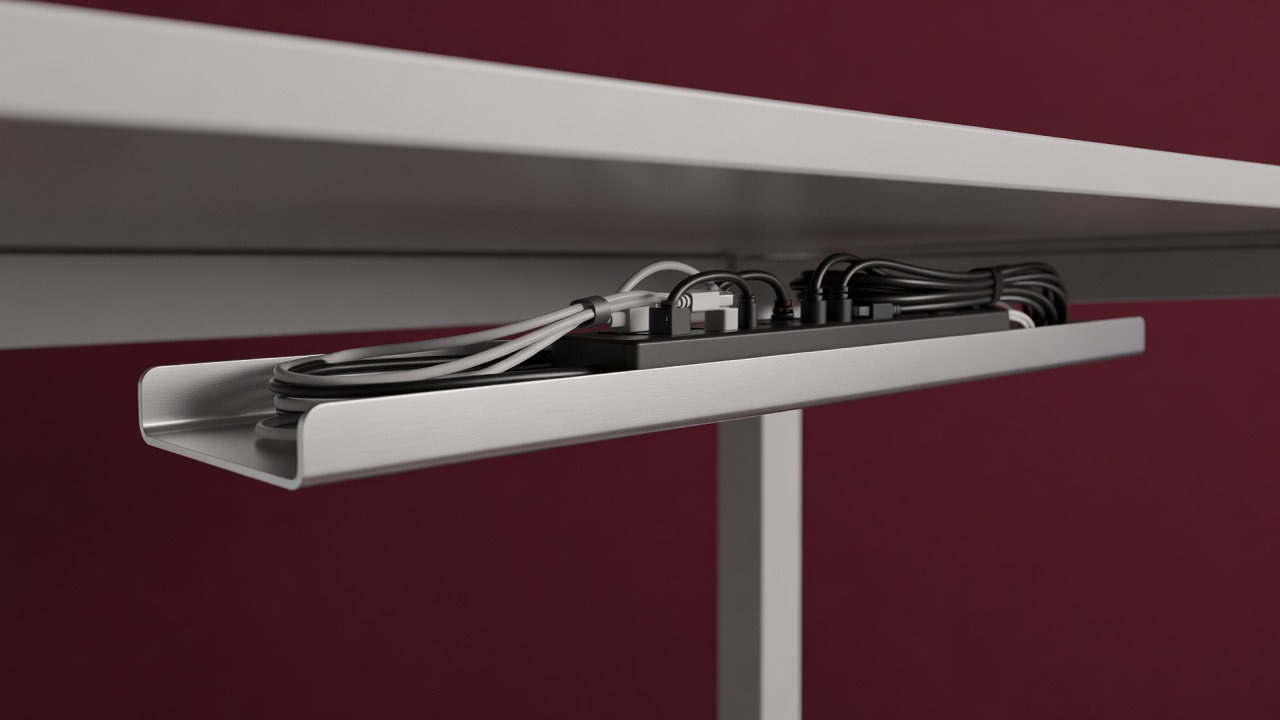 Render of a slim metal cable tray mounted beneath a desk with one power strip inside
