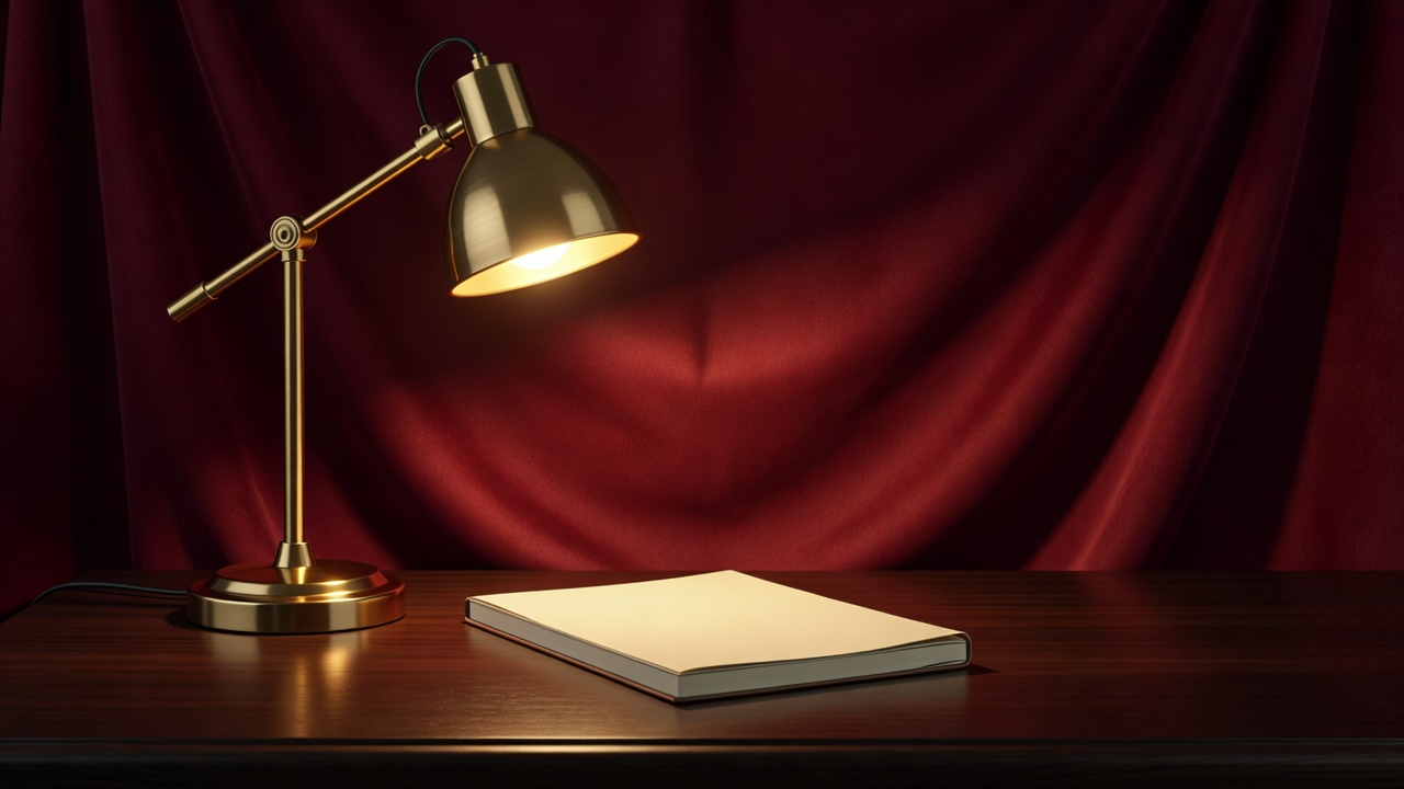 Warm brass desk lamp glowing beside a blank notebook, soft-lit 3D render on a burgundy backdrop