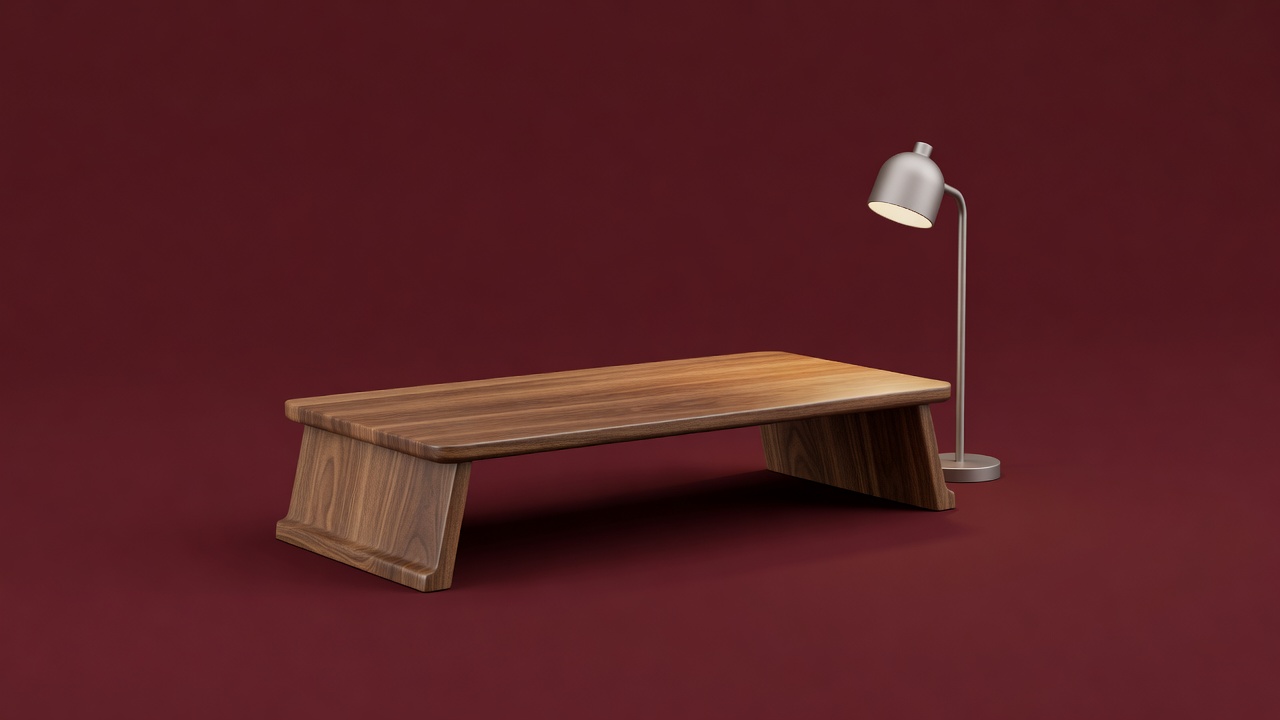 Walnut monitor riser with a small lamp beside it, soft-lit 3D render on a burgundy backdrop